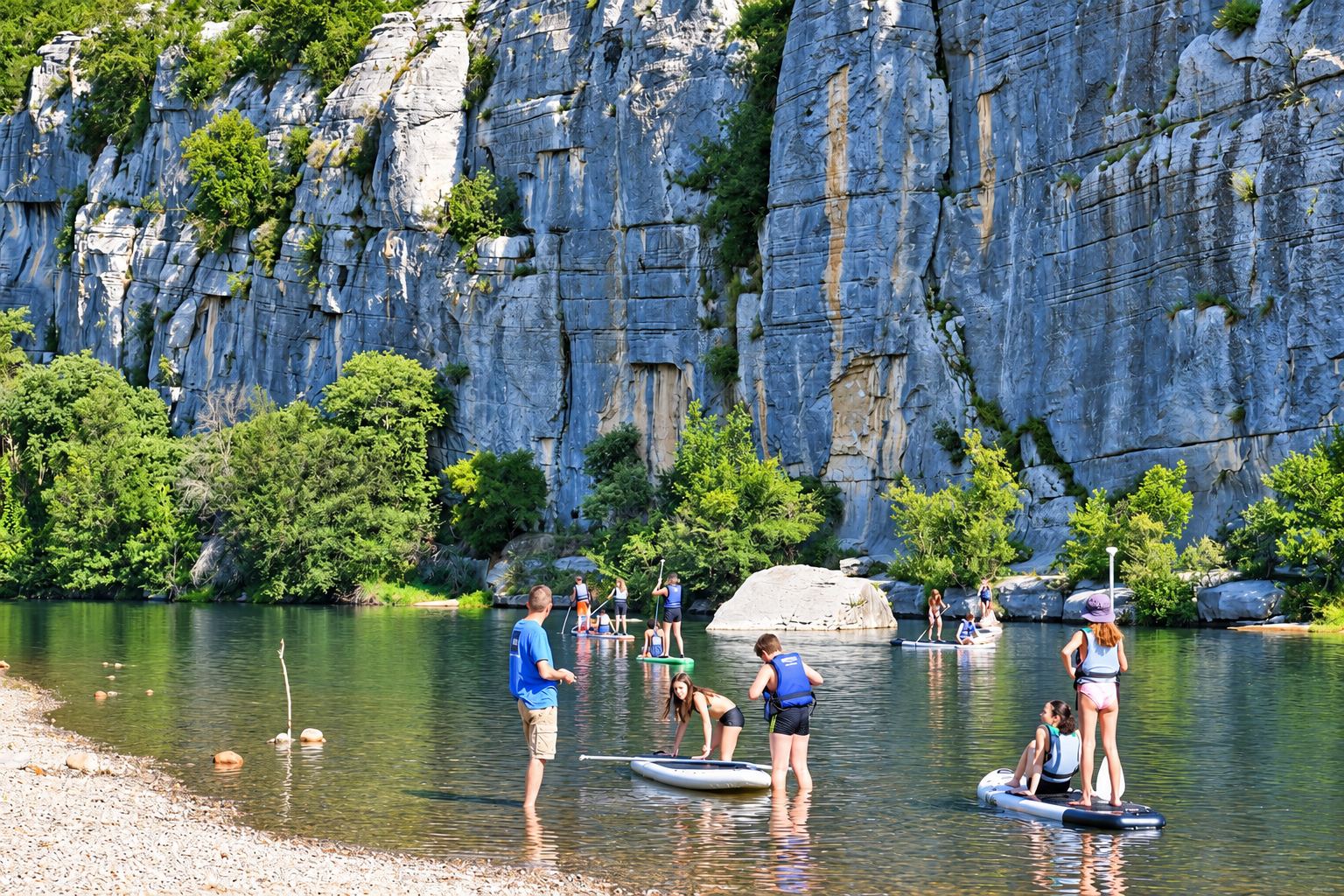 Des enfants et des adultes en gilet de sauvetage pratiquent le paddle sur une rivière calme, au pied d'une haute falaise calcaire entourée de verdure.