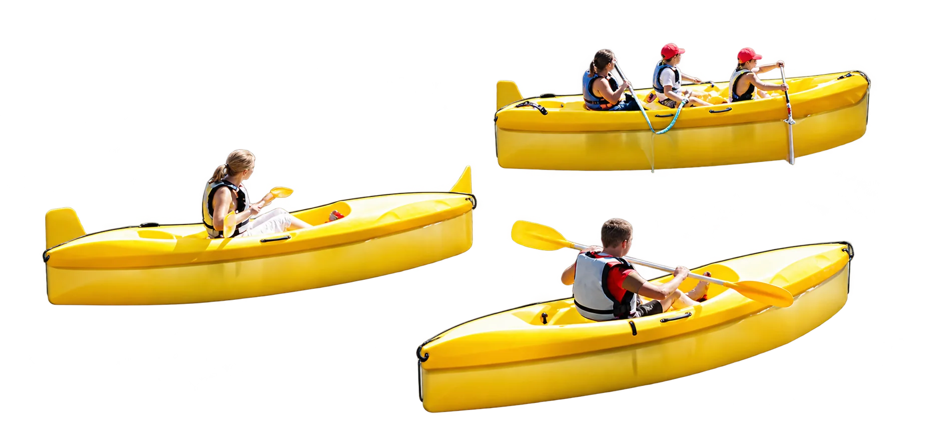 Trois kayaks jaunes occupés par des pagayeurs portant des gilets de sauvetage